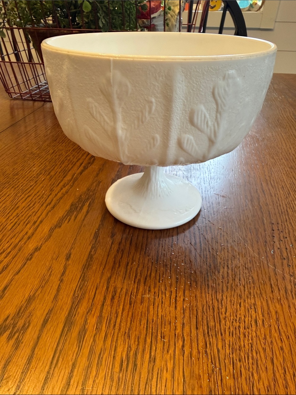 Vintage 1975 FTD Milk Glass Footed Compote Bowl Vase Oak Leaf Pattern
